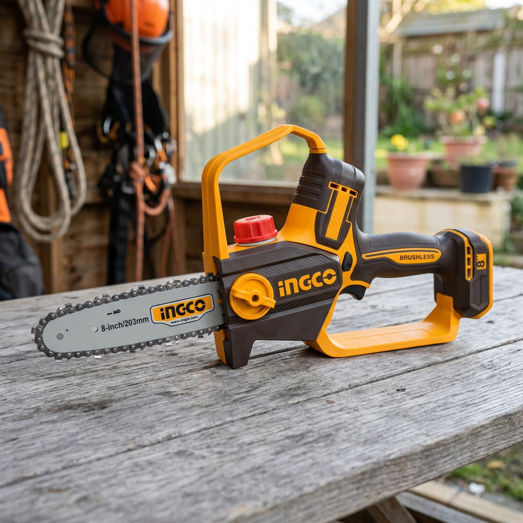 Ingco 8-inch pruning saw on a garden workshop bench