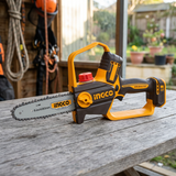 Ingco 8-inch pruning saw on a garden workshop bench