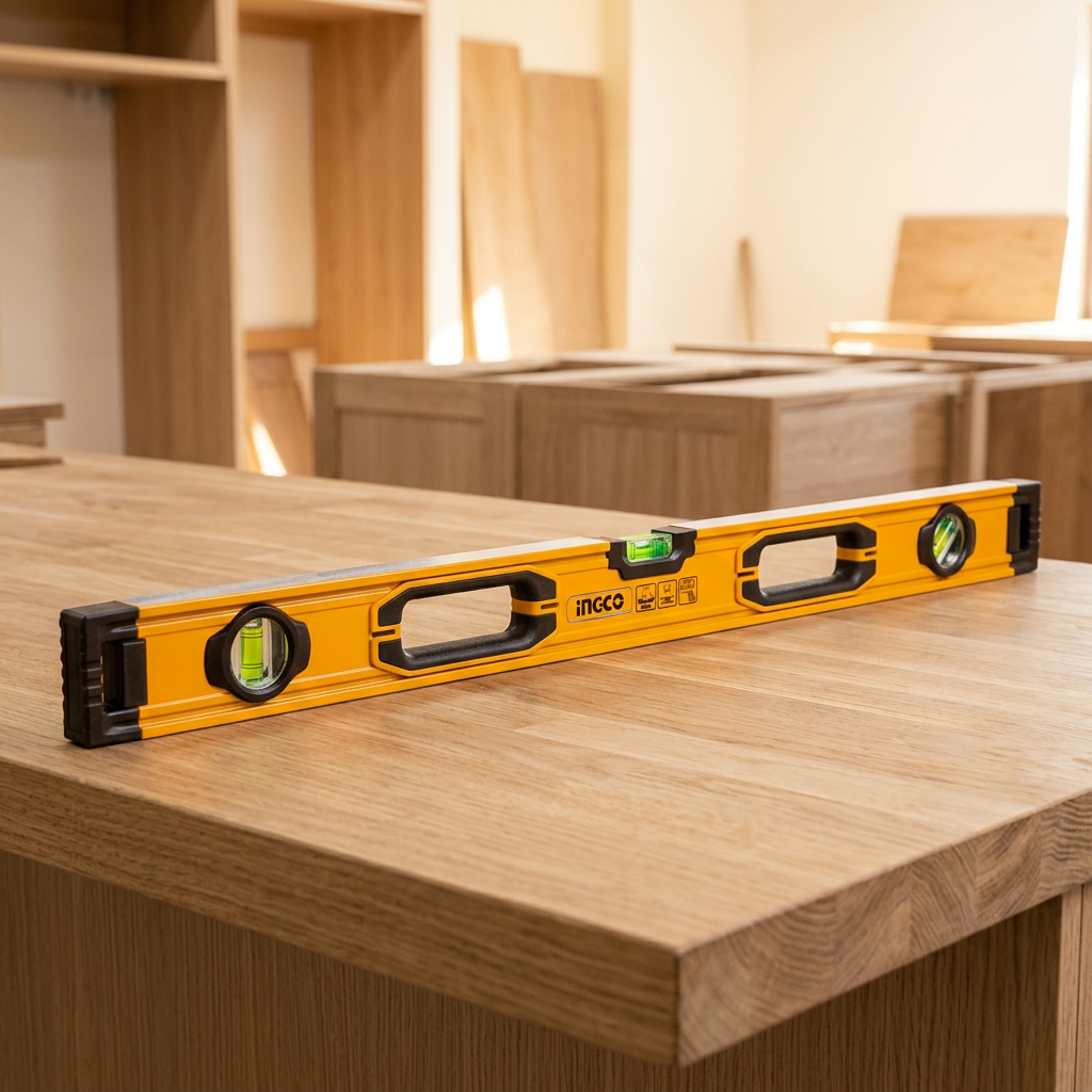 Ingco aluminium spirit level on an oak countertop