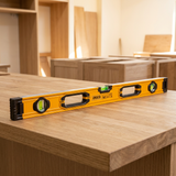 Ingco aluminium spirit level on an oak countertop