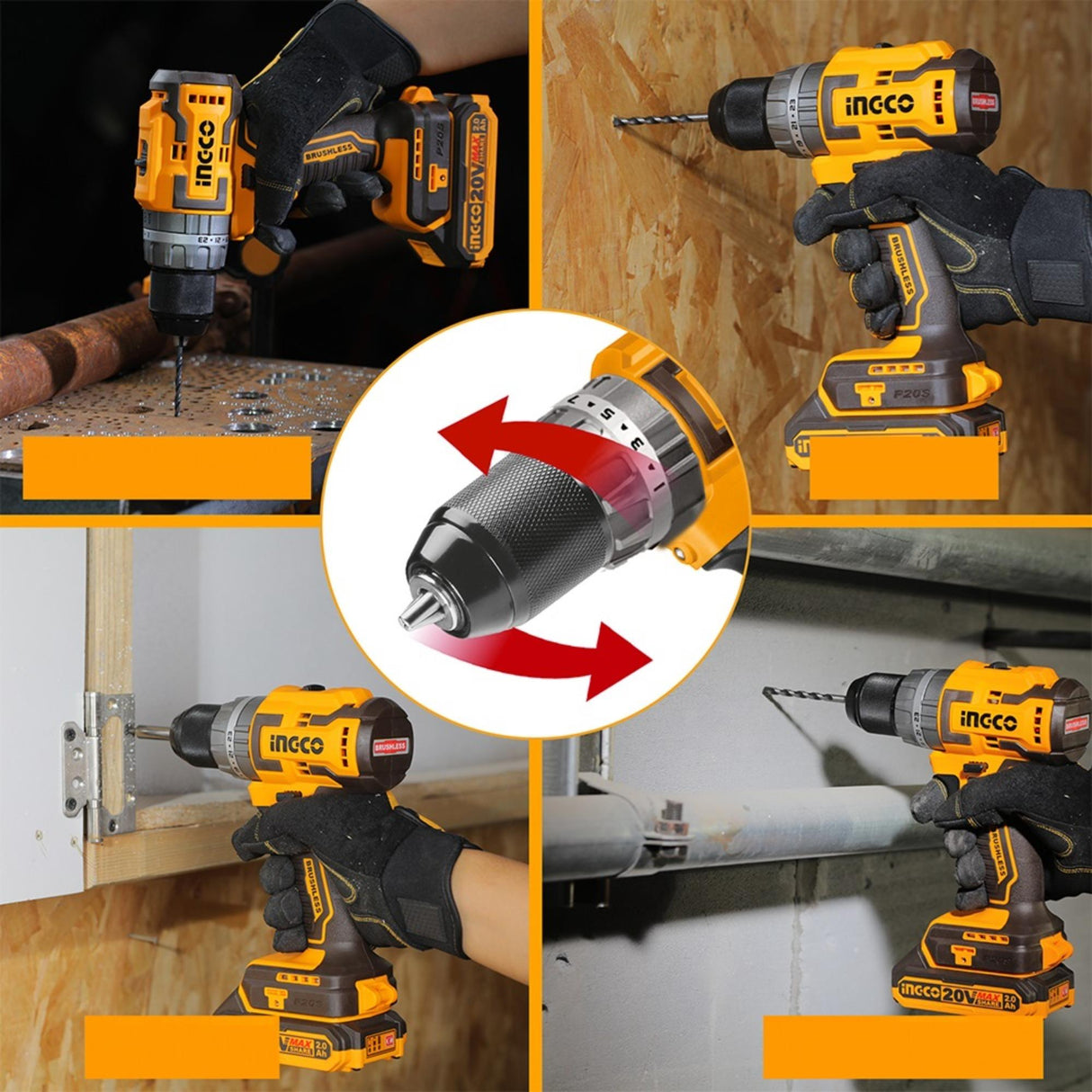 Ingco Lithium-Ion Brushless Cordless Hammer Impact Drill with Two 20V 2.0Ah Batteries & Charger - CIDLI20605