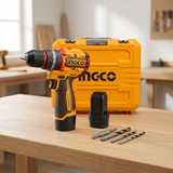 Ingco cordless drill kit with carrying case, spare M16 battery, and bits