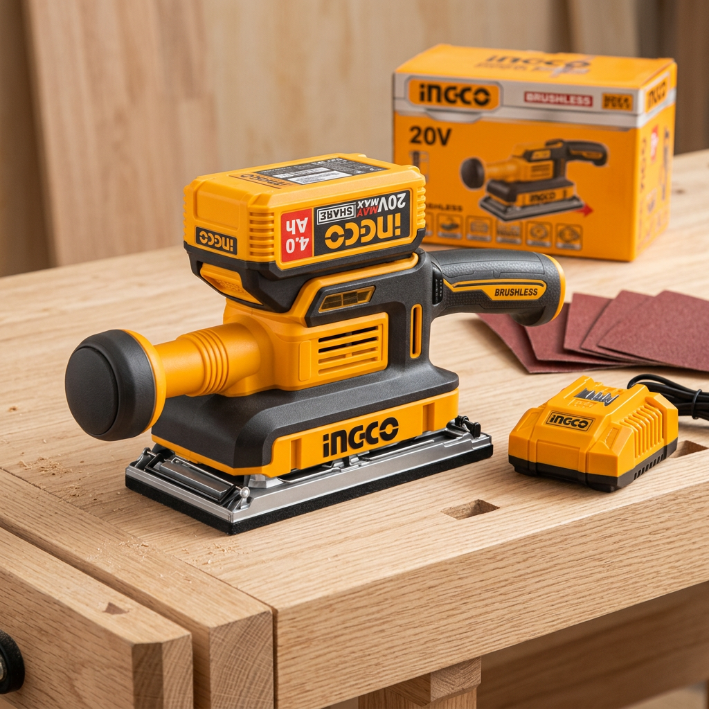 Ingco finishing sander kit on a wooden workbench