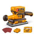 Ingco finishing sander kit on white with battery, charger, and sanding sheets