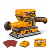 Ingco finishing sander kit on white with battery, charger, and sanding sheets
