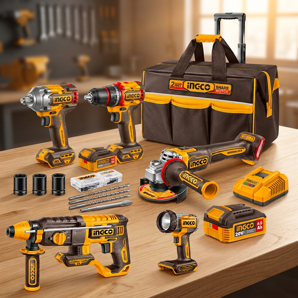Ingco five-tool combo kit arranged on a professional workbench