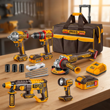 Ingco five-tool combo kit arranged on a professional workbench