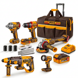 Ingco five-tool combo kit on white with two batteries, charger, accessories, and rolling bag