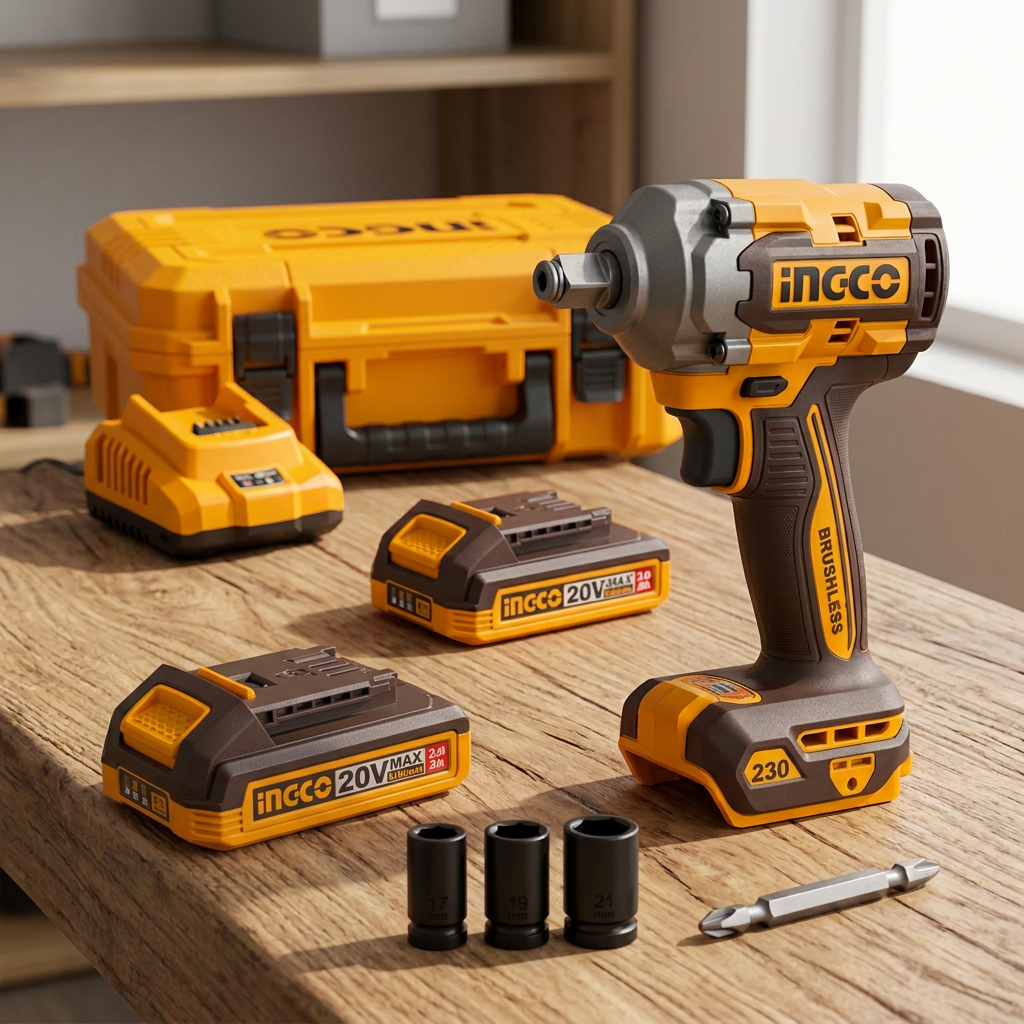 Ingco impact driver and wrench kit with two batteries, charger, case and accessories