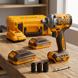 Ingco impact driver and wrench kit with two batteries, charger, case and accessories
