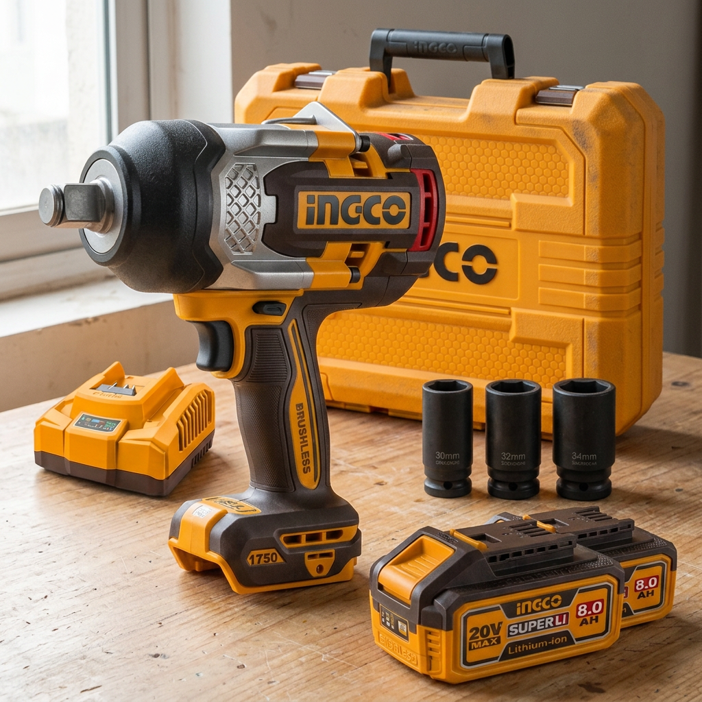Ingco impact wrench kit on a workshop bench
