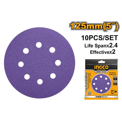 Ingco Sander Ingco 10 Pieces Purple Sanding Disc Set 125mm - AKRS125101