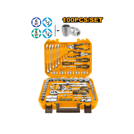Ingco Sockets & Hex Keys Ingco 100-Piece Professional Hand Tool Set with Ratchet Wrenches & Sockets – HKTHP21001