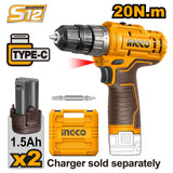 Ingco Drill Ingco 12V Lithium-Ion Cordless Drill With 2 Pieces 1.5Ah Battery - CDLI12202