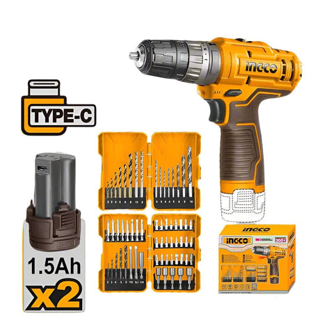 Ingco Power Tool Combo Kit Ingco 12V Lithium-Ion Impact Drill with Drill Bits Set & Screwdriver Bit Set - COSLI23114