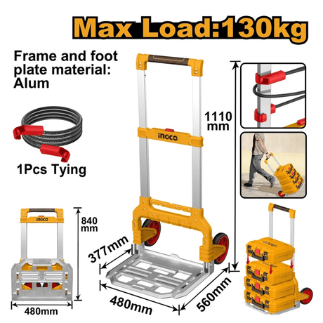 Ingco Tool Boxes Bags & Belts Ingco 130kg Aluminium Foldable Hand Truck - HHWB61201