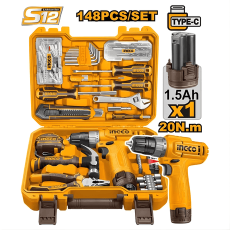 Ingco Tool Chests & Cabinets Ingco 148-Piece Hand Tool Set + 12V Cordless Drill - HKTHP41482