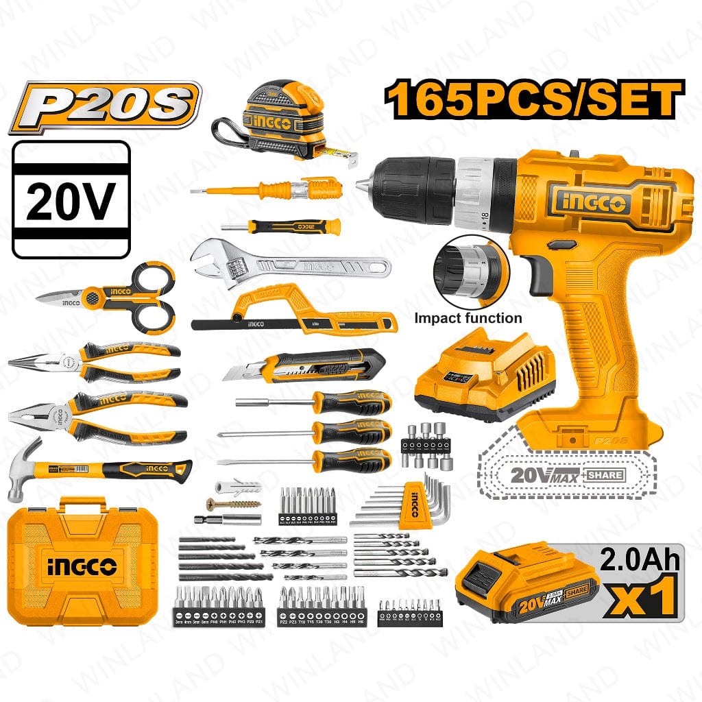 Ingco Tool Set Ingco 165 Pieces Tools Set with 20V Lithium-Ion Cordless Impact Drill - HKTHP11651