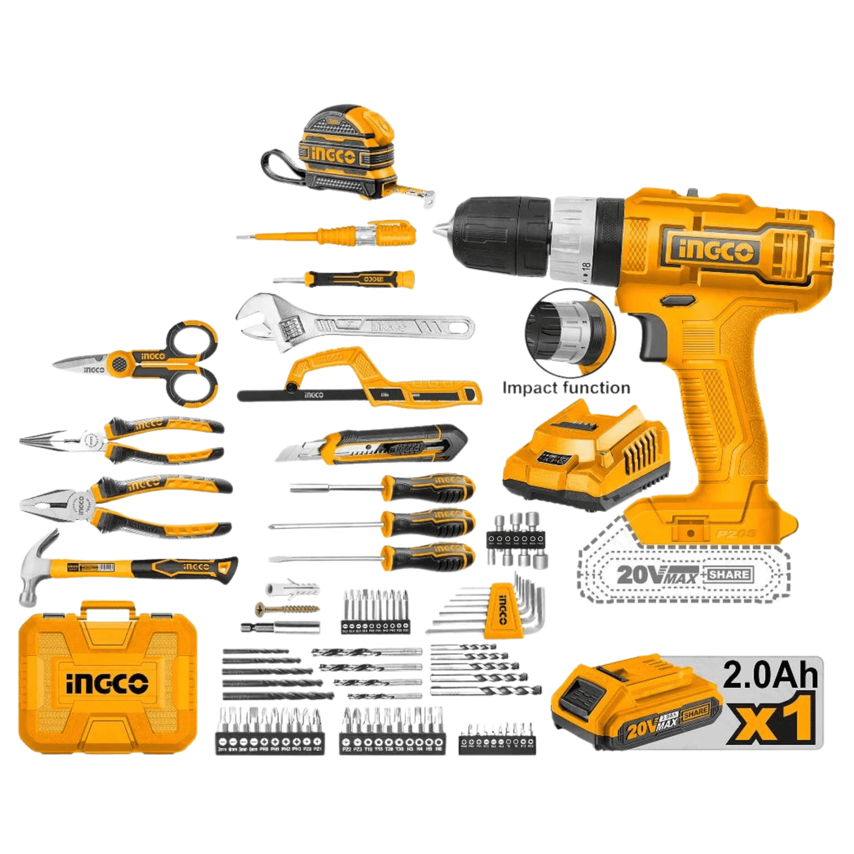 Ingco Tool Set Ingco 165 Pieces Tools Set with 20V Lithium-Ion Cordless Impact Drill - HKTHP11651