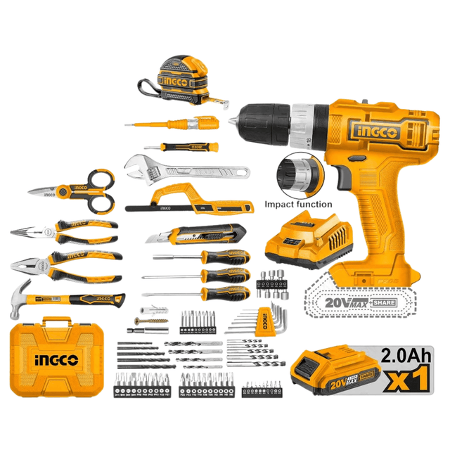 Ingco Tool Set Ingco 165 Pieces Tools Set with 20V Lithium-Ion Cordless Impact Drill - HKTHP11651