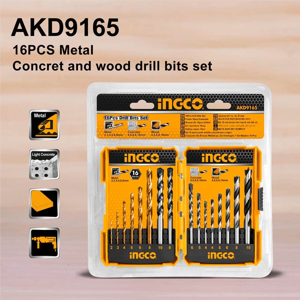 Ingco Drill Bits Ingco 16pcs Metal, Concrete And Wood Drill Bit Set - AKD9165