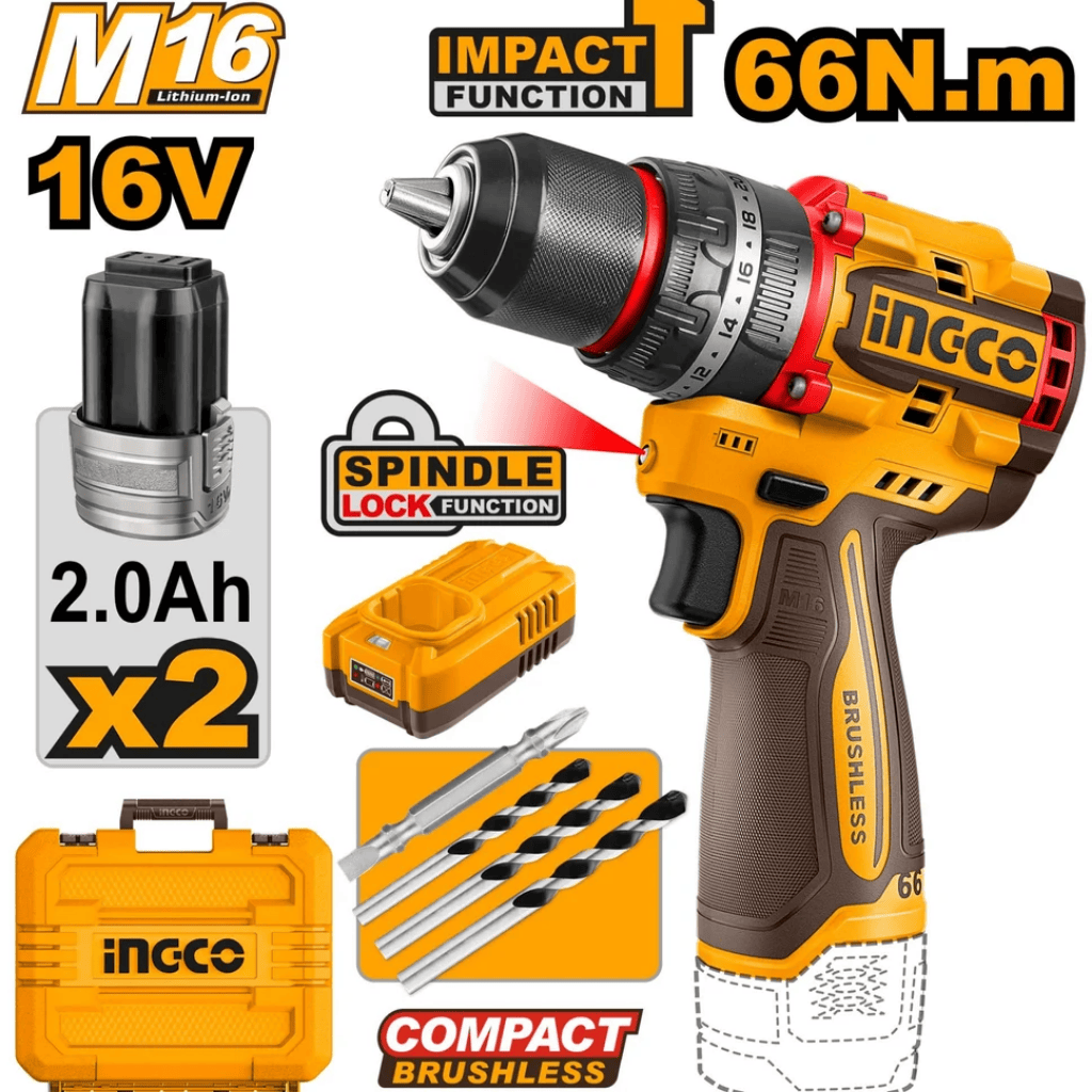 Ingco Drills Ingco 16V Brushless Cordless Impact Drill 13mm with 2 x 2.0Ah Batteries & Charger - CIDLI166062
