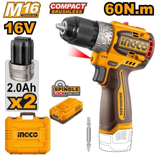 Ingco Drill Ingco 16V Lithium-Ion Cordless Drill With 2 Pieces 2.0Ah Battery & Charger- CDLI16682