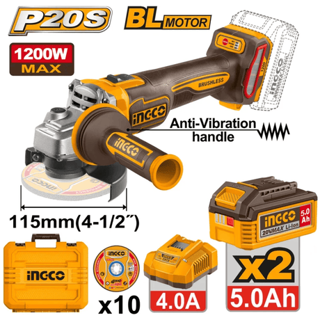 Ingco Grinder Ingco 20V 4-1/2" Cordless Angle Grinder 1200w With Battery And Charger Included  – CAGLI2120252