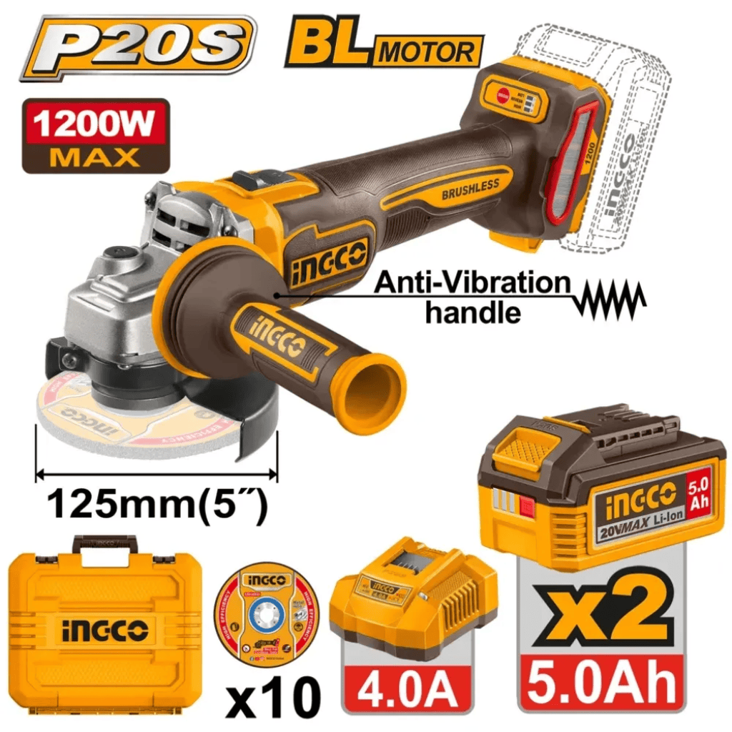 Ingco Grinder Ingco 20V 5" Cordless Angle Grinder 1200w With Battery And Charger Included  –  CAGLI2120272