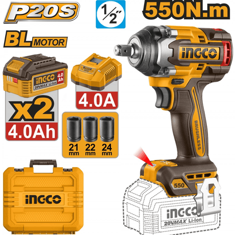 Ingco Impact Wrench & Driver Ingco 20V Brushless 550Nm 1/2" Cordless Impact Wrench Set With Battery And Charger - CIWLI2055