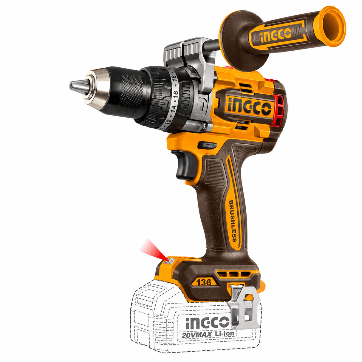 Ingco Drill Ingco 20V Brushless Cordless Impact Drill Kit 136Nm with 2 × 5.0Ah Batteries & Charger - CIDLI201368