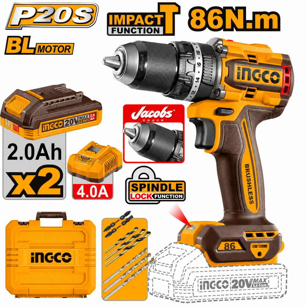 Ingco Drill Ingco 20V Brushless Cordless Impact Drill Kit 86Nm with 2 × 2.0Ah Batteries, Charger & Drill Bits - CIDLI208688