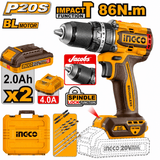 Ingco Drill Ingco 20V Brushless Cordless Impact Drill Kit 86Nm with 2 × 2.0Ah Batteries, Charger & Drill Bits - CIDLI208688