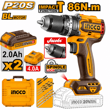 Ingco Drill Ingco 20V Brushless Cordless Impact Drill Kit 86Nm with 2 × 2.0Ah Batteries, Charger & Drill Bits - CIDLI208688