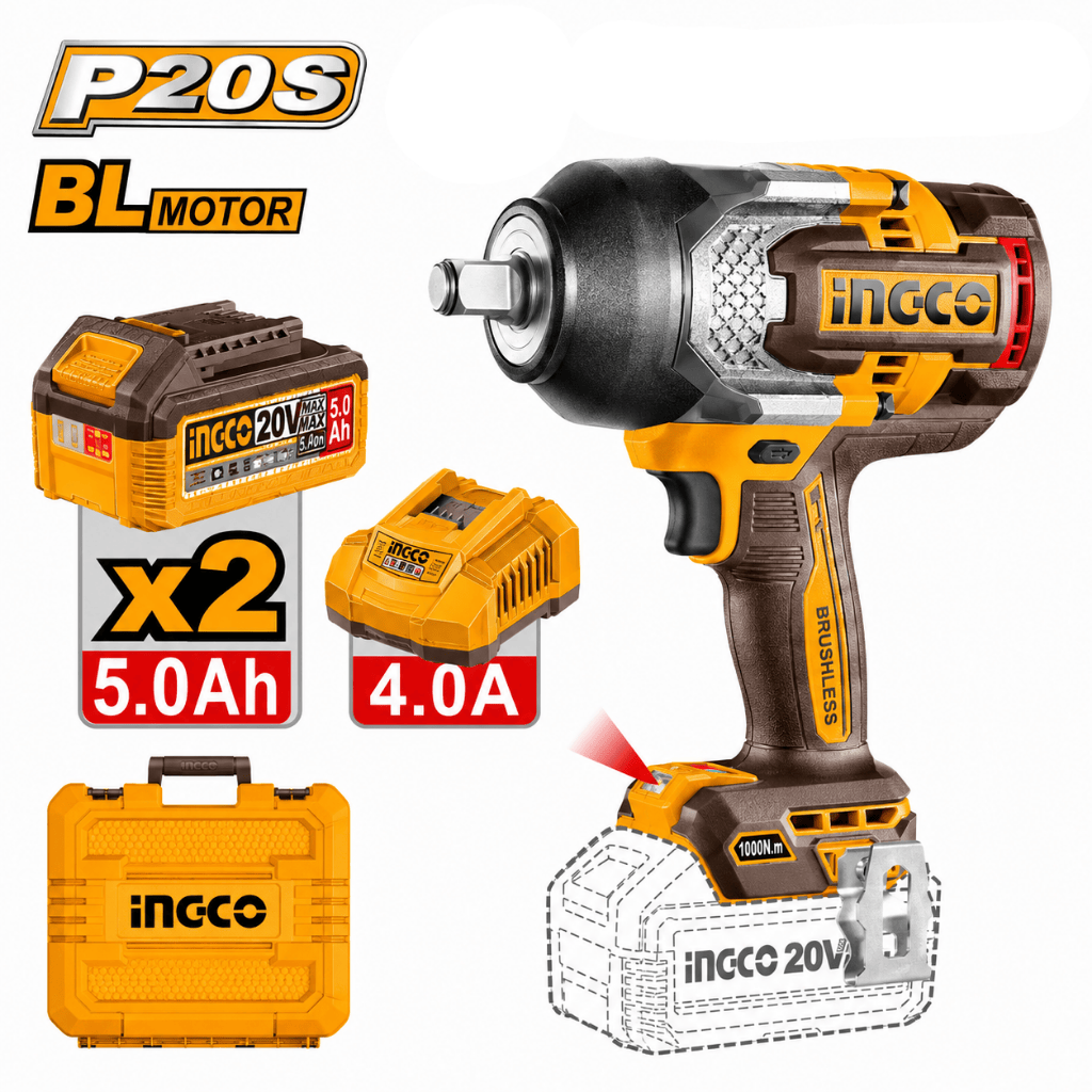 Ingco Impact Wrench & Drivers Ingco 20V Brushless Cordless Impact Wrench Kit 1350Nm with 2 × 5.0Ah Batteries, Charger & 3/4" Drive - CIWLI201356