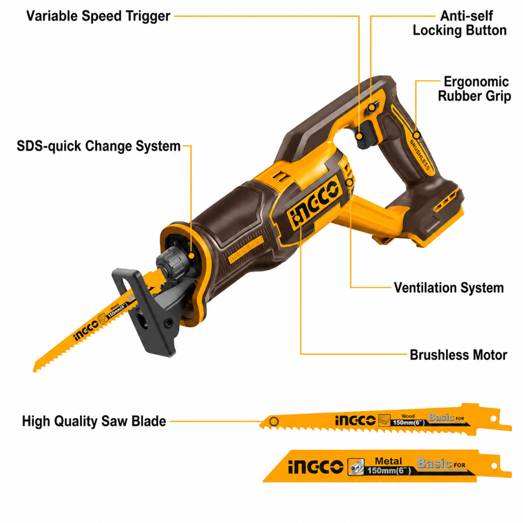 Ingco Reciprocating Saw Ingco 20V Brushless Cordless Reciprocating Saw – CRSLI2108