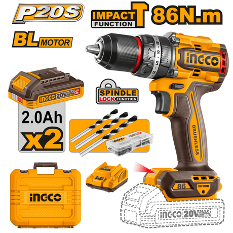 Ingco Drill Ingco 20V Brushless Impact Drill 86Nm 30000 bpm With Two 2.0Ah Batteries - CIDLI208687