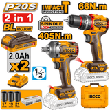 Ingco Tools Ingco 20V Brushless Impact Drill + Impact Wrench Cordless 2-Piece Combo Kit - CKLI20286
