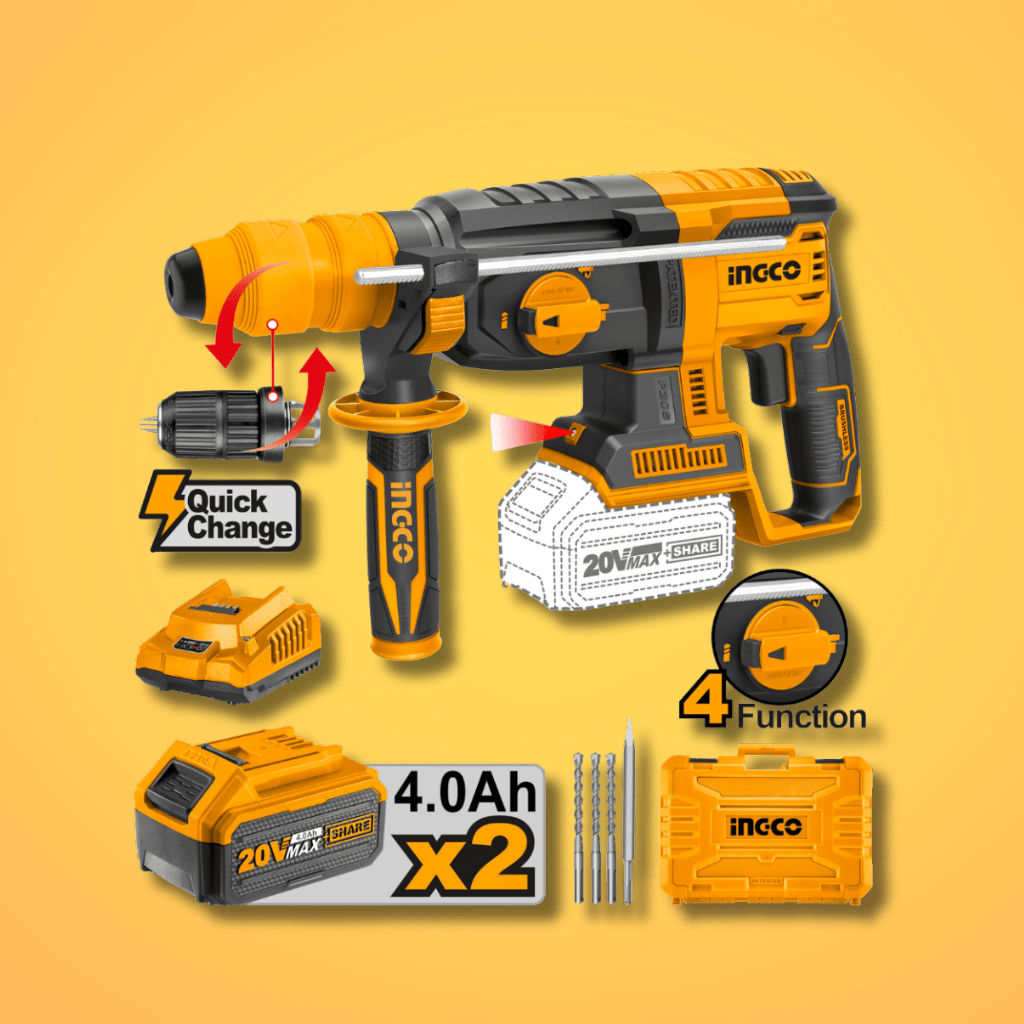 Ingco Drill Ingco 20V Brushless Lithium-Ion Rotary Hammer with SDS Plus Chuck & Two 4.0Ah Batteries – CRHLI202289