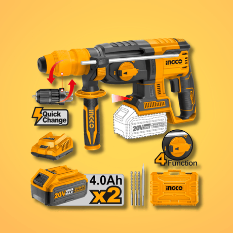 Ingco Drill Ingco 20V Brushless Lithium-Ion Rotary Hammer with SDS Plus Chuck & Two 4.0Ah Batteries – CRHLI202289