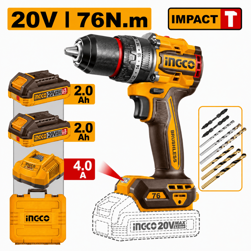 Ingco Drill Ingco 20V Compact Brushless Cordless Impact Drill Kit 76Nm with 2 × 2.0Ah Batteries, Charger & Accessories - CIDLI207686