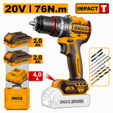 Ingco Drill Ingco 20V Compact Brushless Cordless Impact Drill Kit 76Nm with 2 × 2.0Ah Batteries, Charger & Accessories - CIDLI207686