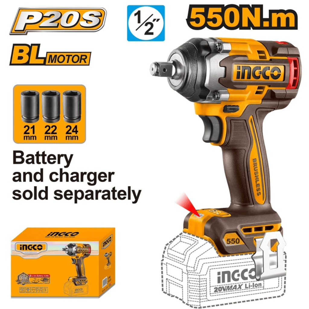 Ingco Impact Wrench & Driver Ingco 20V Cordless Brushless Impact Wrench 550Nm Torque (Battery & Charger Not Included) - CIWLI20551
