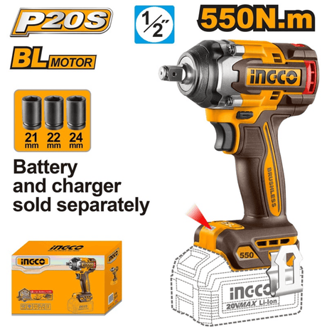 Ingco Impact Wrench & Driver Ingco 20V Cordless Brushless Impact Wrench 550Nm Torque (Battery & Charger Not Included) - CIWLI20551