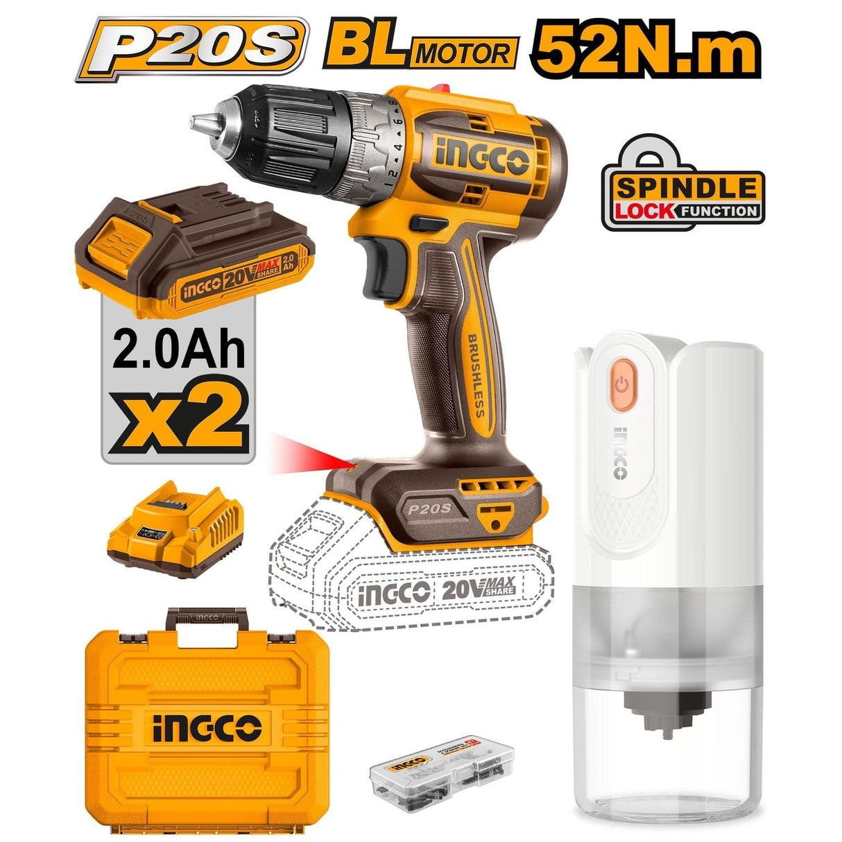 Ingco Power Tool Combo Kit Ingco 20V Lithium-Ion Brushless Cordless Drill & Coffee Grinder Combo Kit Set - COSLI240315