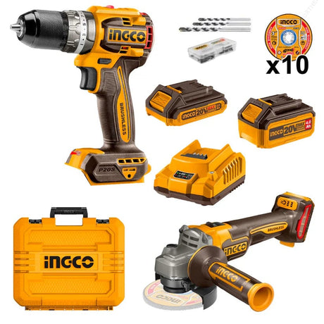 Ingco Power Tool Combo Kit Ingco 20V Lithium-Ion Cordless Angle Grinder & Hammer Impact Drill Combo Kit - CKLI20273