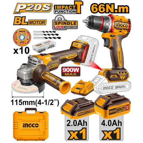 Ingco Power Tool Combo Kit Ingco 20V Lithium-Ion Cordless Angle Grinder & Hammer Impact Drill Combo Kit - CKLI20273