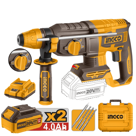 Ingco Drill Ingco 20V Lithium-Ion Cordless Brushless Rotary Hammer With 2x4.0Ah Batteries  - CRHLI202682