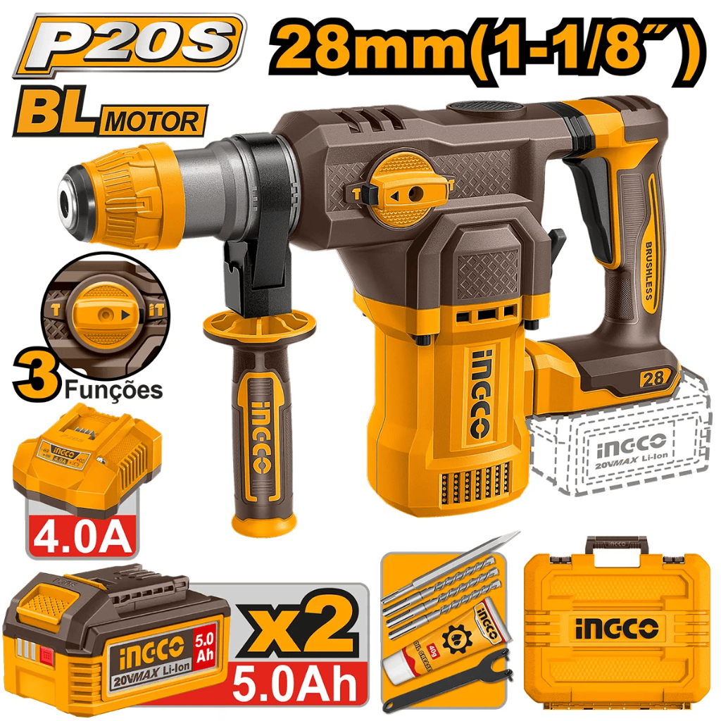Ingco Drill Ingco 20V Lithium-Ion Cordless Rotary Hammer With 5.0Ah x2 Batteries - CRHLI202862