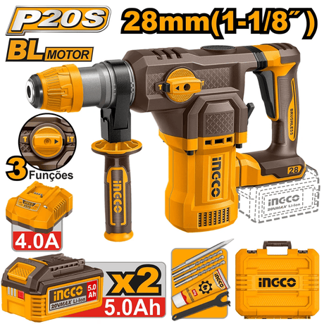 Ingco Drill Ingco 20V Lithium-Ion Cordless Rotary Hammer With 5.0Ah x2 Batteries - CRHLI202862